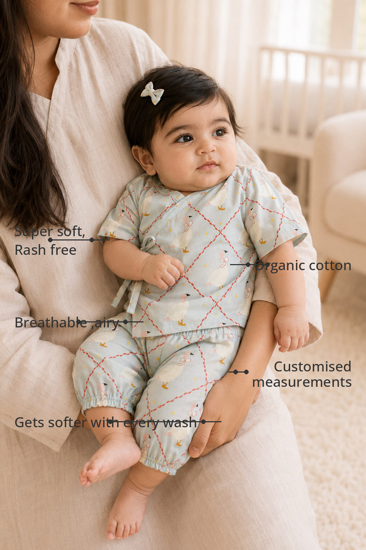 Anaario Blue Goose Baby Co-ord Set features - organic cotton, super soft and rash free, breathable, gets softer with every wash, customised measurements