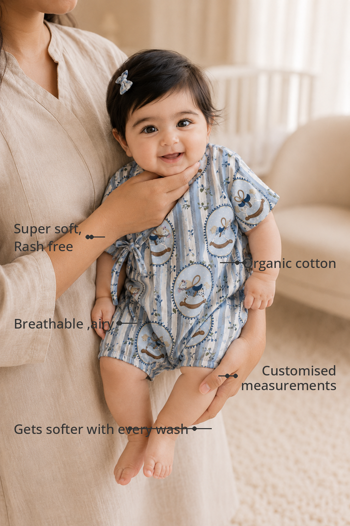 Anaario Blue Rocking Horse Wrap Baby Romper features - organic cotton, super soft and rash free, breathable, gets softer with every wash, customised measurements