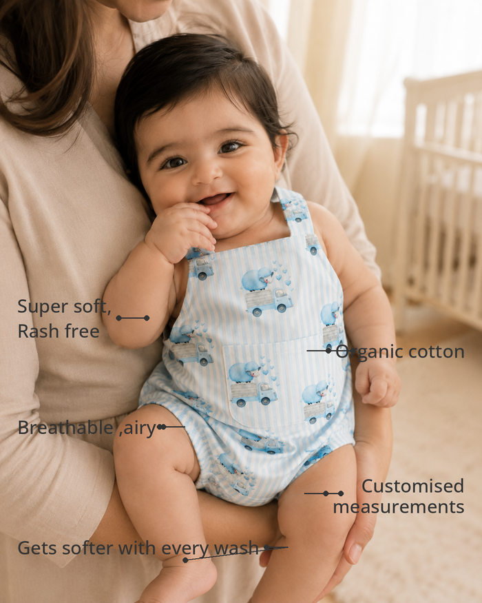 Anaario Blue Sheep Dungaree Baby Romper features - organic cotton, super soft and rash free, breathable, gets softer with every wash, customised measurements