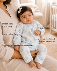 Anaario Blue Sheep Smocked Baby Co-ord Set features - organic cotton, super soft and rash free, breathable, gets softer with every wash, customised measurements