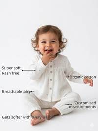 Anaario Blue specks Set features - organic cotton, super soft and rash free, breathable, gets softer with every wash, customised measurements