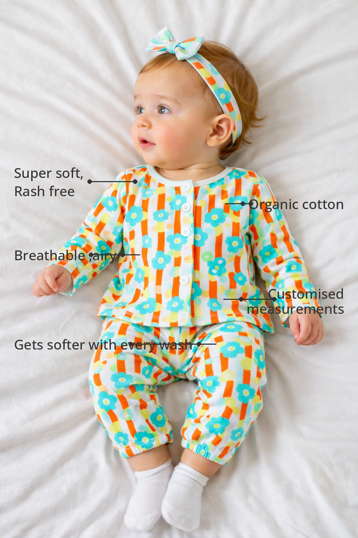 Anaario Blue and tangerine florals Set features - organic cotton, super soft and rash free, breathable, gets softer with every wash, customised measurements