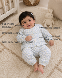 Anaario Bluebell Daisy Set features - organic cotton, super soft and rash free, breathable, gets softer with every wash, customised measurements