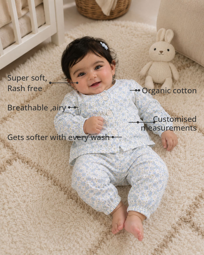 Anaario Bluebell Daisy Set features - organic cotton, super soft and rash free, breathable, gets softer with every wash, customised measurements
