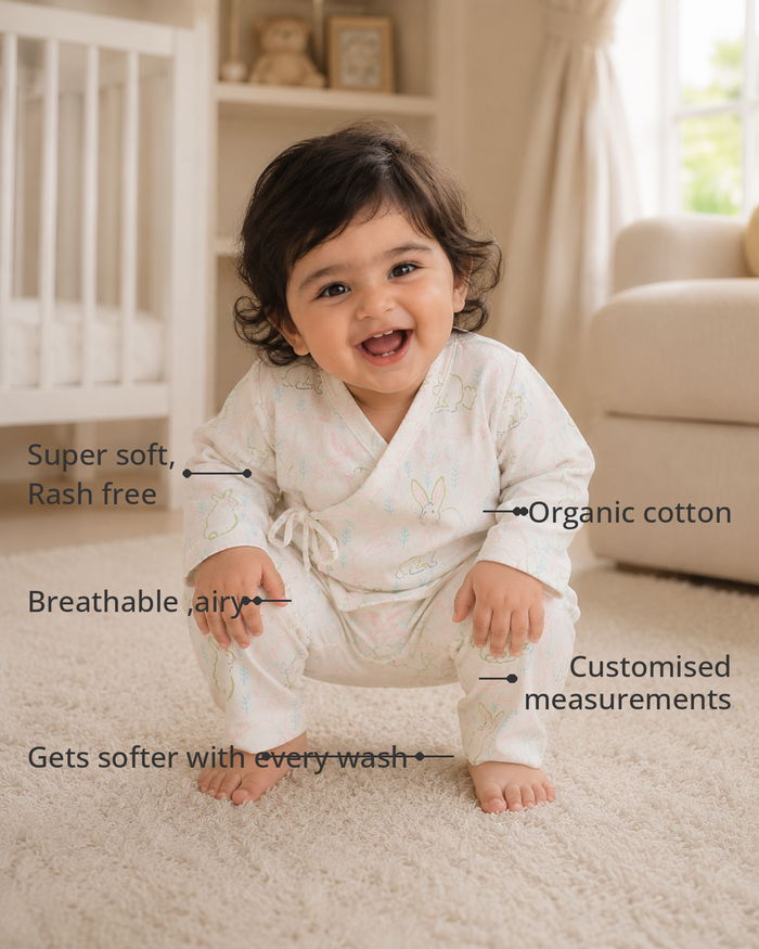 Anaario Bunny Print Wrap Baby Co-ord Set features - organic cotton, super soft and rash free, breathable, gets softer with every wash, customised measurements