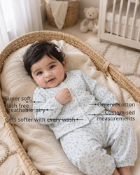 Anaario Butter Blue Garden Set features - organic cotton, super soft and rash free, breathable, gets softer with every wash, customised measurements