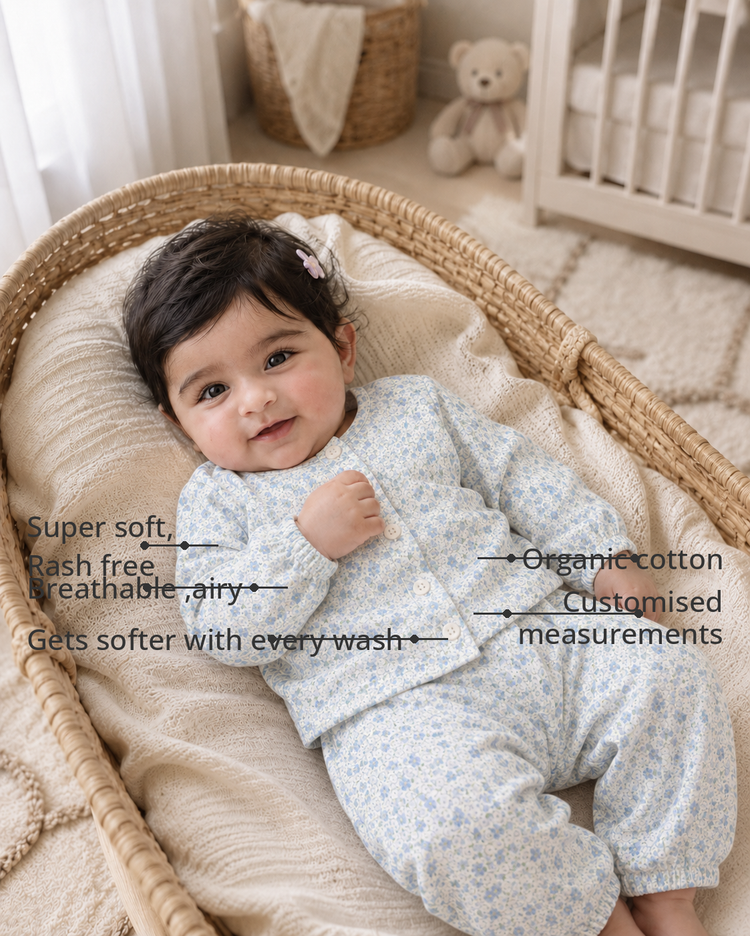 Anaario Butter Blue Garden Set features - organic cotton, super soft and rash free, breathable, gets softer with every wash, customised measurements