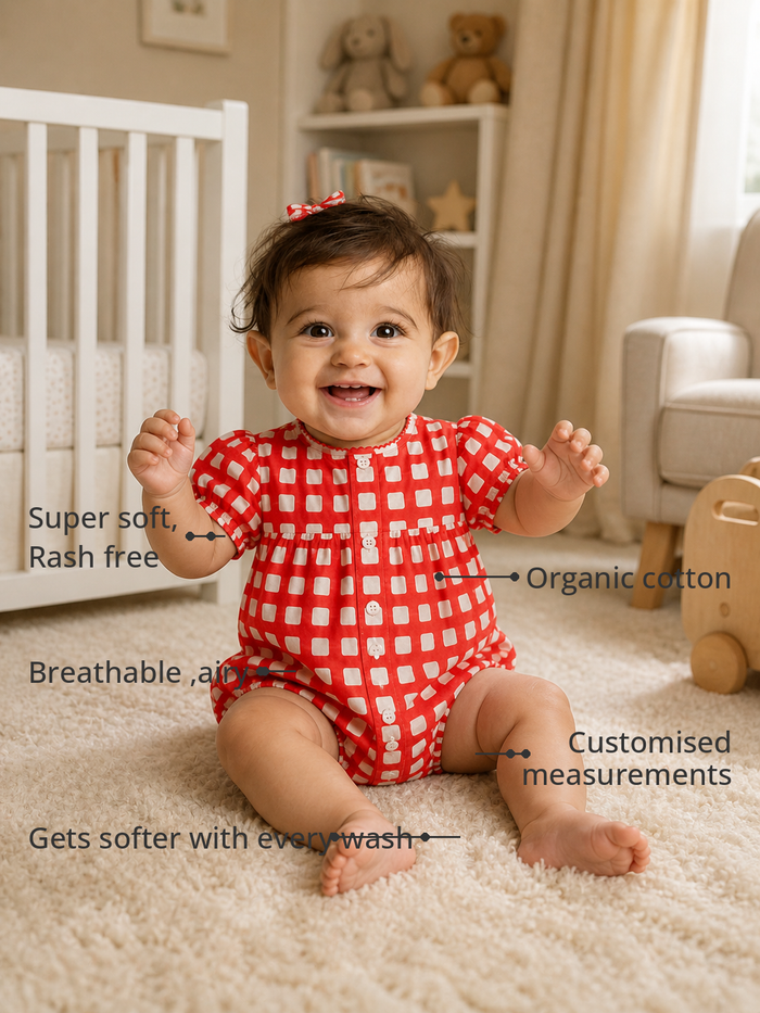 Anaario The Cherry Check Bubble Romper features - organic cotton, super soft and rash free, breathable, gets softer with every wash, customised measurements