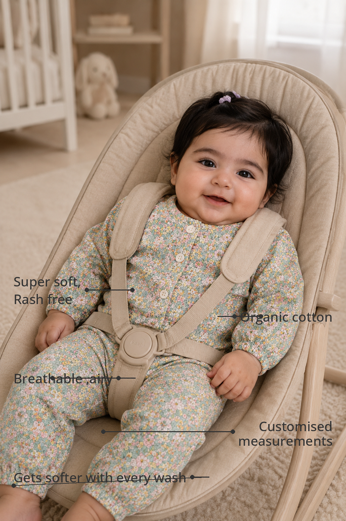 Anaario Cottage Bloom Set features - organic cotton, super soft and rash free, breathable, gets softer with every wash, customised measurements