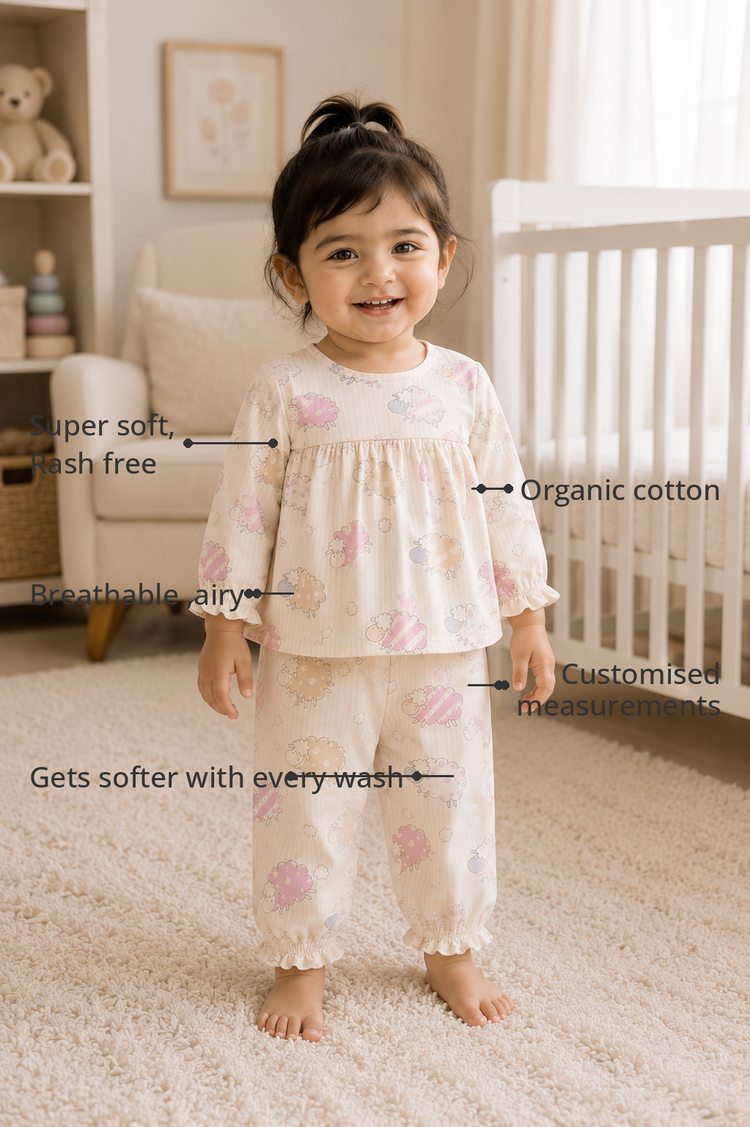 Anaario Cream Sheep Peplum Baby Co-ord Set features - organic cotton, super soft and rash free, breathable, gets softer with every wash, customised measurements