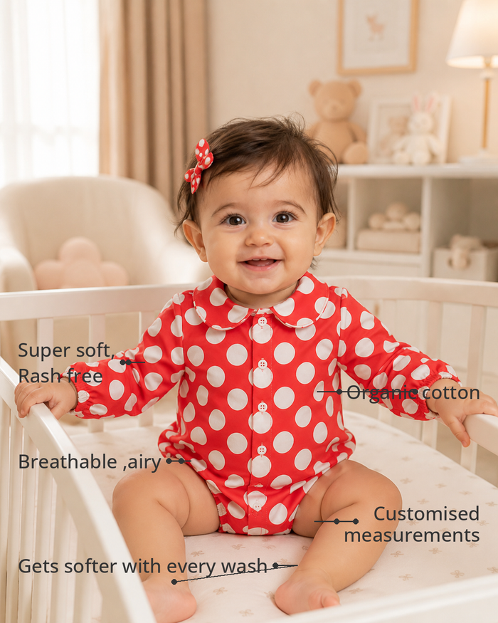 Anaario The Crimson Dot Collared Romper features - organic cotton, super soft and rash free, breathable, gets softer with every wash, customised measurements