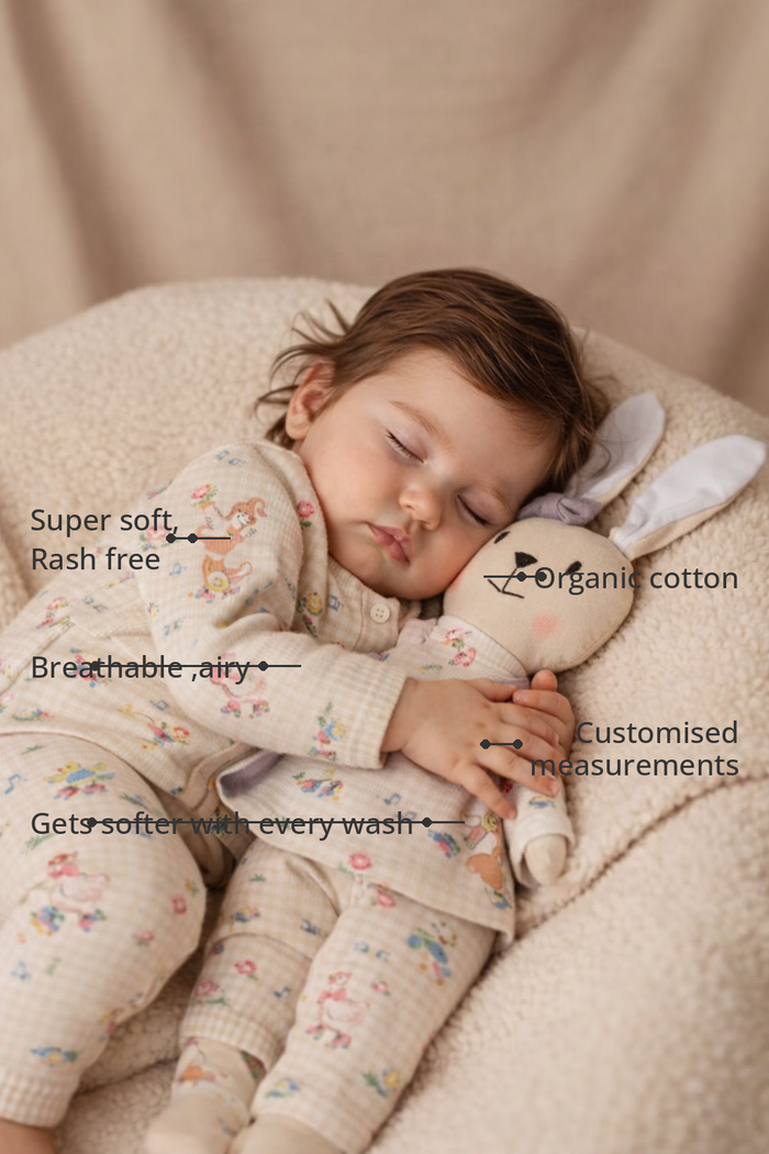 Anaario Ducks and Mouse Set features - organic cotton, super soft and rash free, breathable, gets softer with every wash, customised measurements