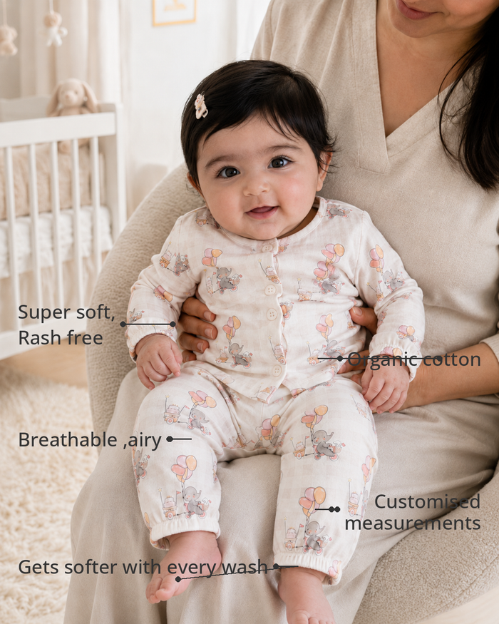 Anaario Elephant and Balloons Set features - organic cotton, super soft and rash free, breathable, gets softer with every wash, customised measurements