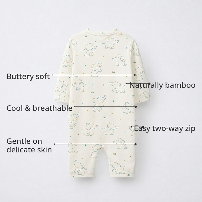 Baby Elephant Bamboo Baby Sleepsuit – Zip Romper Onesie – features