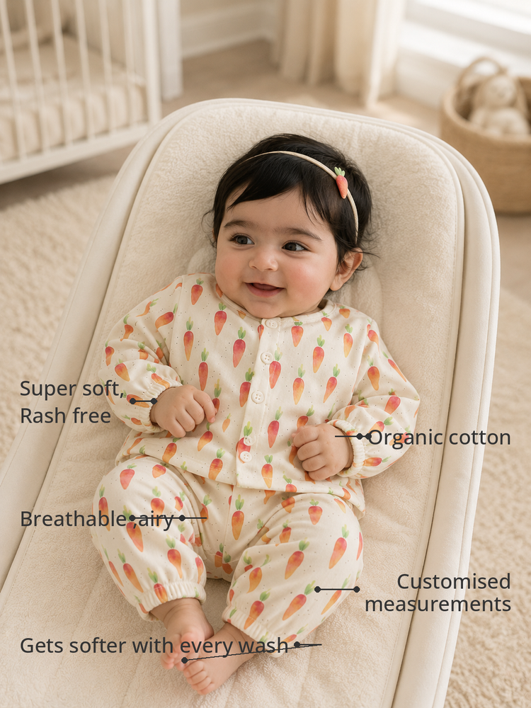 Anaario Garden carrots Set features - organic cotton, super soft and rash free, breathable, gets softer with every wash, customised measurements