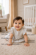 Anaario Grey Gingham Lace Frill Romper features - organic cotton, super soft and rash free, breathable, gets softer with every wash, customised measurements