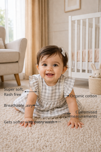 Anaario Grey Gingham Lace Frill Romper features - organic cotton, super soft and rash free, breathable, gets softer with every wash, customised measurements