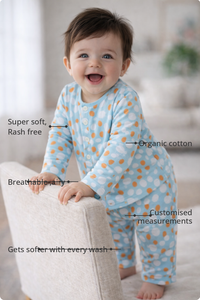 Anaario Ivory and tangerine poppy raindrops Set features - organic cotton, super soft and rash free, breathable, gets softer with every wash, customised measurements