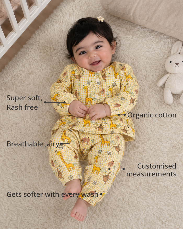 Anaario Jungle Gingham Set features - organic cotton, super soft and rash free, breathable, gets softer with every wash, customised measurements