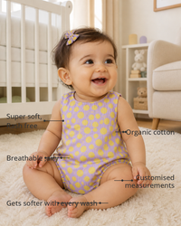 Anaario Lavender Yellow Polka Dot Button Romper features - organic cotton, super soft and rash free, breathable, gets softer with every wash, customised measurements