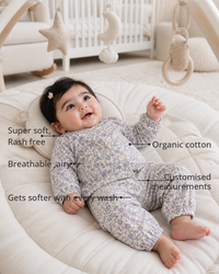 Anaario Lilac Bloom Garden Set features - organic cotton, super soft and rash free, breathable, gets softer with every wash, customised measurements