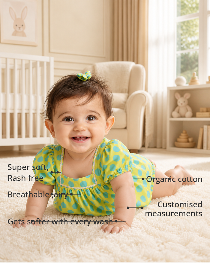 Anaario Lime Polka Dot Puff Sleeve Dress Set features - organic cotton, super soft and rash free, breathable, gets softer with every wash, customised measurements