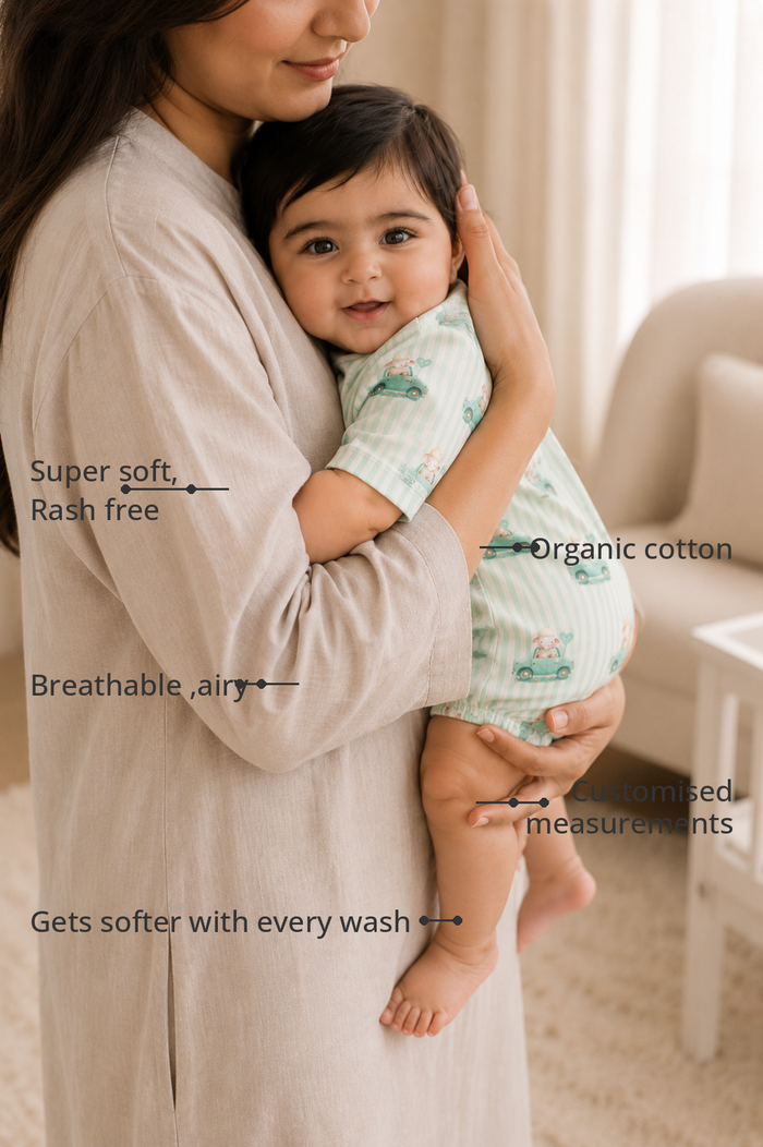 Anaario Mint Car Wrap Baby Romper features - organic cotton, super soft and rash free, breathable, gets softer with every wash, customised measurements