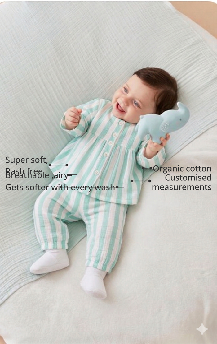 Anaario Mint Green stripes Set features - organic cotton, super soft and rash free, breathable, gets softer with every wash, customised measurements