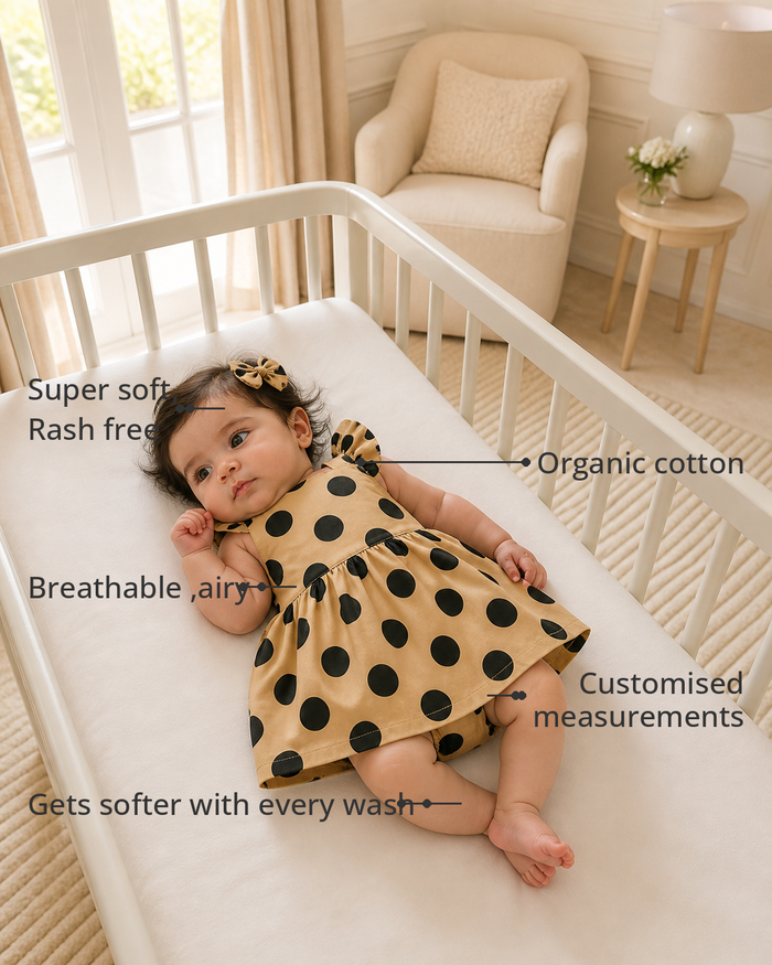 Anaario Mocha Dot Frill Dress Set features - organic cotton, super soft and rash free, breathable, gets softer with every wash, customised measurements