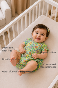 Anaario Multicolour Circle Print Bubble Romper features - organic cotton, super soft and rash free, breathable, gets softer with every wash, customised measurements