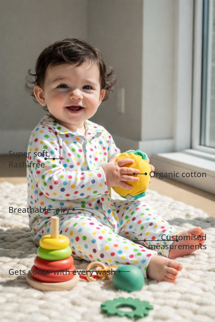 Anaario Multicolor polka spots Set features - organic cotton, super soft and rash free, breathable, gets softer with every wash, customised measurements