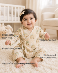 Anaario Mushroom Gingham Wrap Baby Co-ord Set features - organic cotton, super soft and rash free, breathable, gets softer with every wash, customised measurements