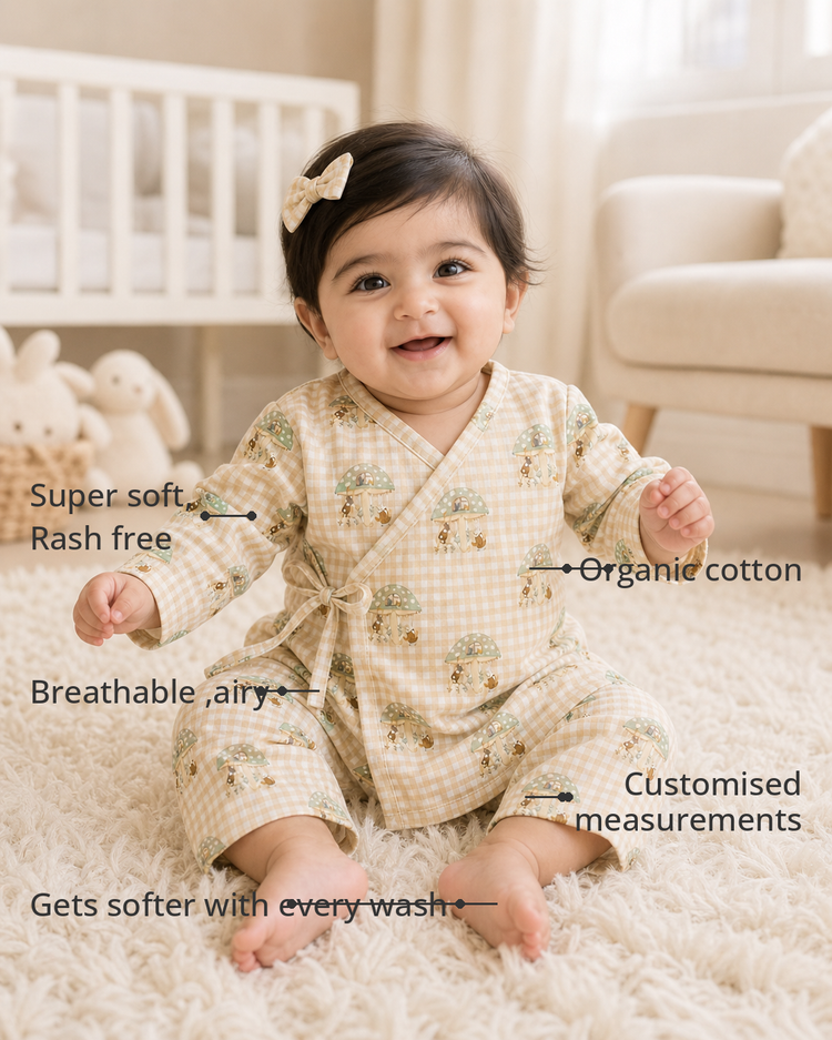 Anaario Mushroom Gingham Wrap Baby Co-ord Set features - organic cotton, super soft and rash free, breathable, gets softer with every wash, customised measurements