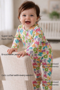 Anaario Neon multicolor alphabets Set features - organic cotton, super soft and rash free, breathable, gets softer with every wash, customised measurements