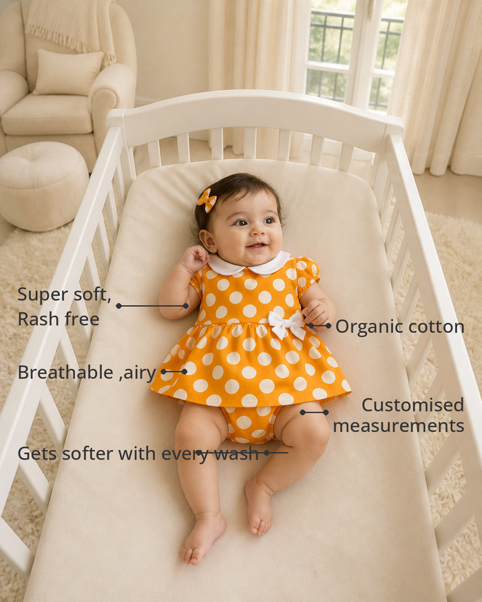 Anaario Orange Polka Bow Dress Set features - organic cotton, super soft and rash free, breathable, gets softer with every wash, customised measurements