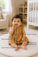 Anaario Orange Taupe Stripe Frill Dress Set features - organic cotton, super soft and rash free, breathable, gets softer with every wash, customised measurements