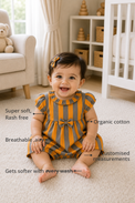 Anaario Orange Taupe Stripe Puff Sleeve Romper features - organic cotton, super soft and rash free, breathable, gets softer with every wash, customised measurements