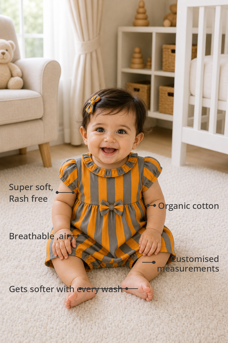 Anaario Orange Taupe Stripe Puff Sleeve Romper features - organic cotton, super soft and rash free, breathable, gets softer with every wash, customised measurements