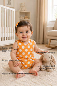 Anaario Orange White Polka Dot Sleeveless Romper features - organic cotton, super soft and rash free, breathable, gets softer with every wash, customised measurements
