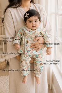 Anaario Pastel Paisley Wrap Baby Co-ord Set features - organic cotton, super soft and rash free, breathable, gets softer with every wash, customised measurements