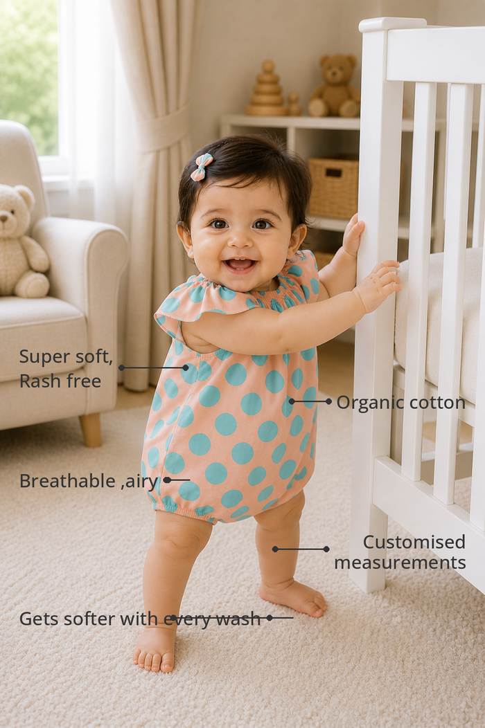 Anaario Peach Aqua Polka Dot Flutter Romper features - organic cotton, super soft and rash free, breathable, gets softer with every wash, customised measurements