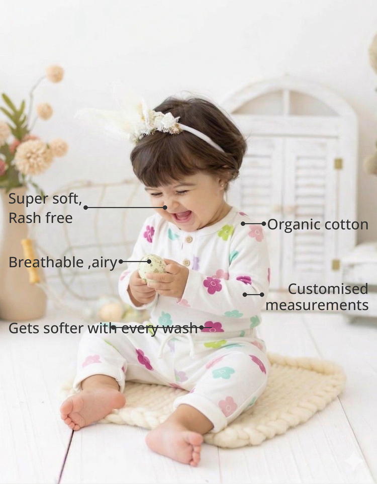 Anaario Pink Blossom Set features - organic cotton, super soft and rash free, breathable, gets softer with every wash, customised measurements