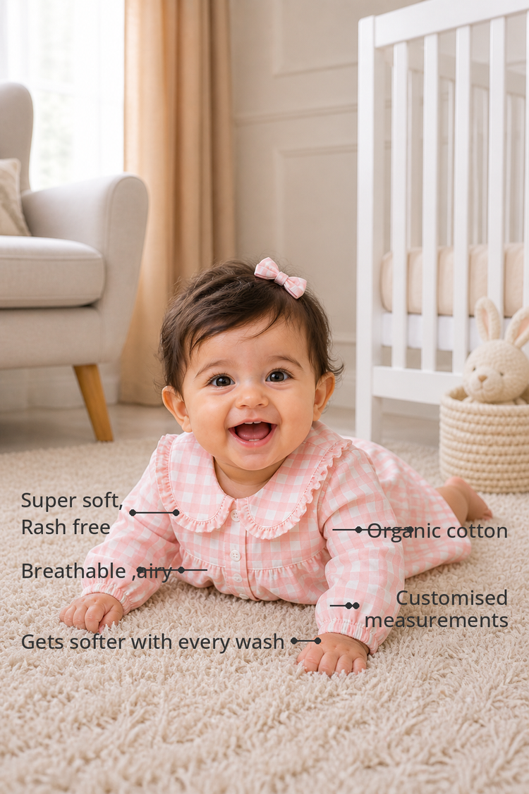 Anaario Pink Check Collar Dress Set features - organic cotton, super soft and rash free, breathable, gets softer with every wash, customised measurements