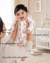 Anaario Pink Cow Set features - organic cotton, super soft and rash free, breathable, gets softer with every wash, customised measurements