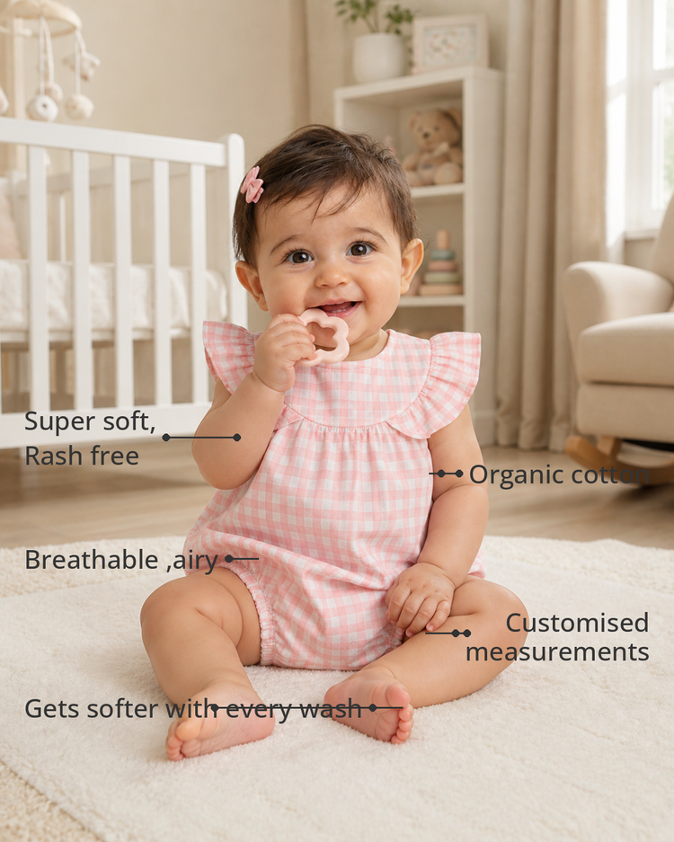 Anaario Pink Gingham Frill Yoke Romper features - organic cotton, super soft and rash free, breathable, gets softer with every wash, customised measurements