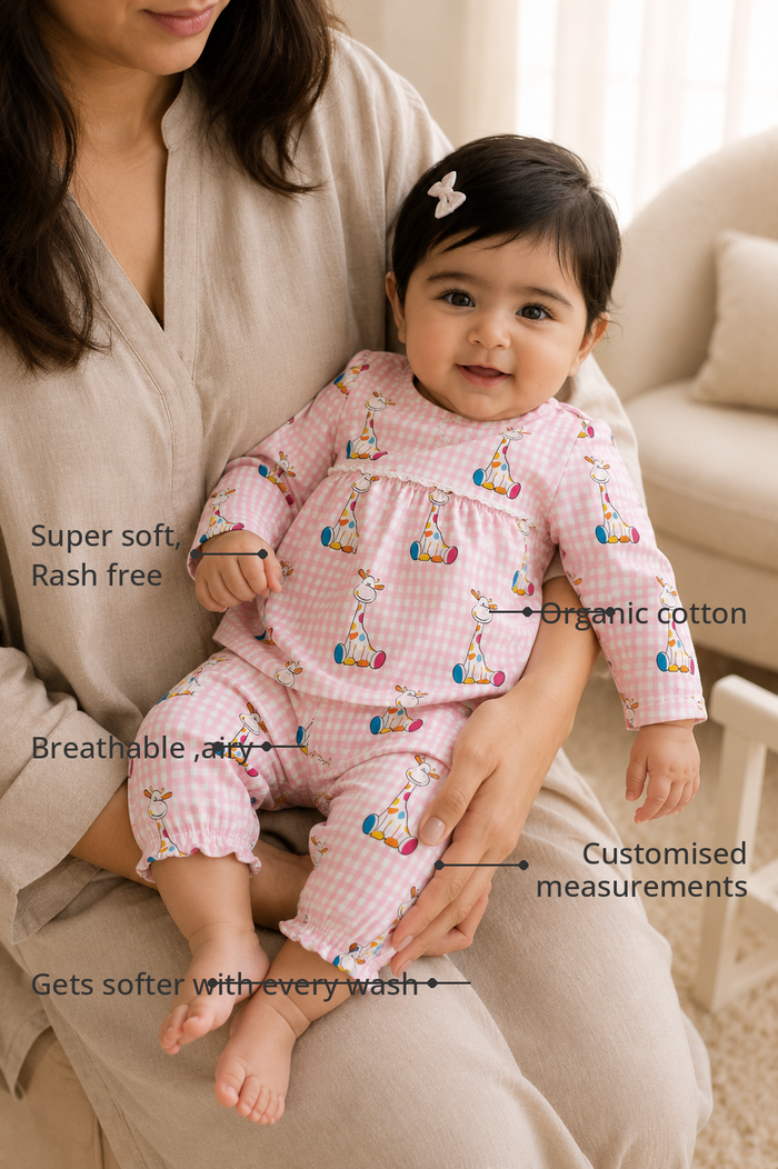 Anaario Pink Gingham Giraffe Baby Co-ord Set features - organic cotton, super soft and rash free, breathable, gets softer with every wash, customised measurements