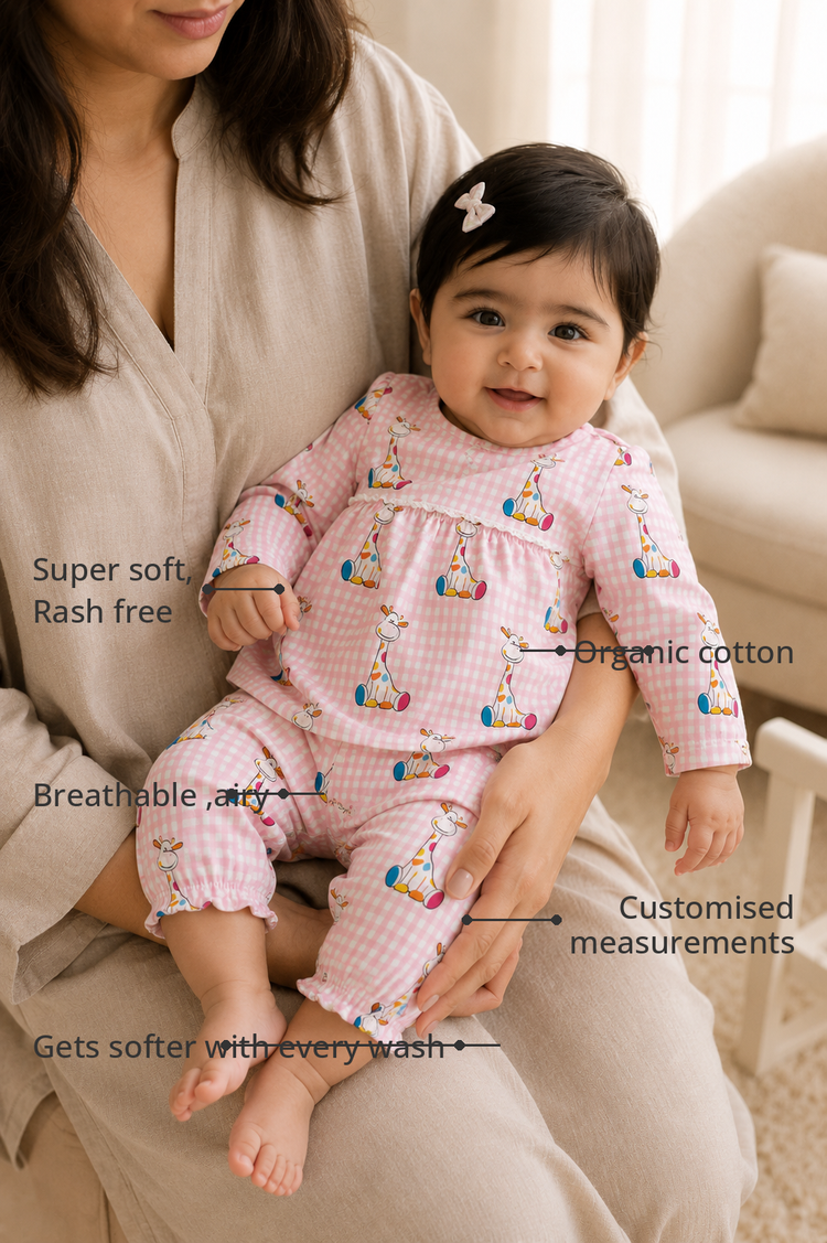 Anaario Pink Gingham Giraffe Baby Co-ord Set features - organic cotton, super soft and rash free, breathable, gets softer with every wash, customised measurements