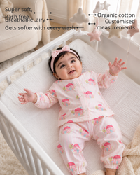 Anaario Pink Snail Set features - organic cotton, super soft and rash free, breathable, gets softer with every wash, customised measurements