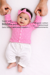 Anaario Pink and white dots Set features - organic cotton, super soft and rash free, breathable, gets softer with every wash, customised measurements