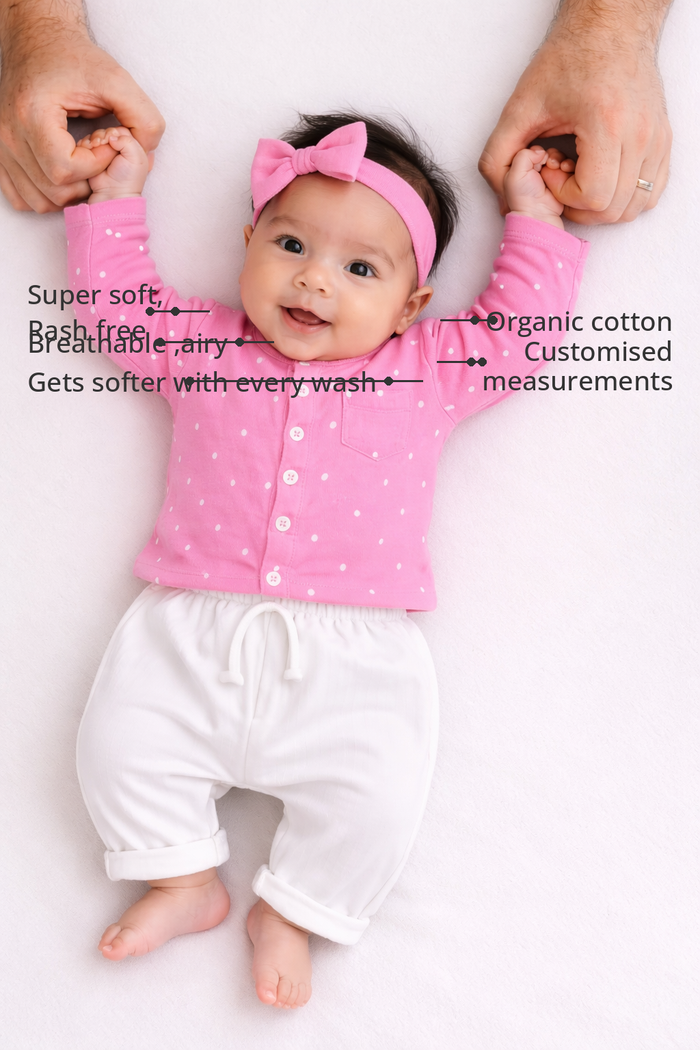 Anaario Pink and white dots Set features - organic cotton, super soft and rash free, breathable, gets softer with every wash, customised measurements